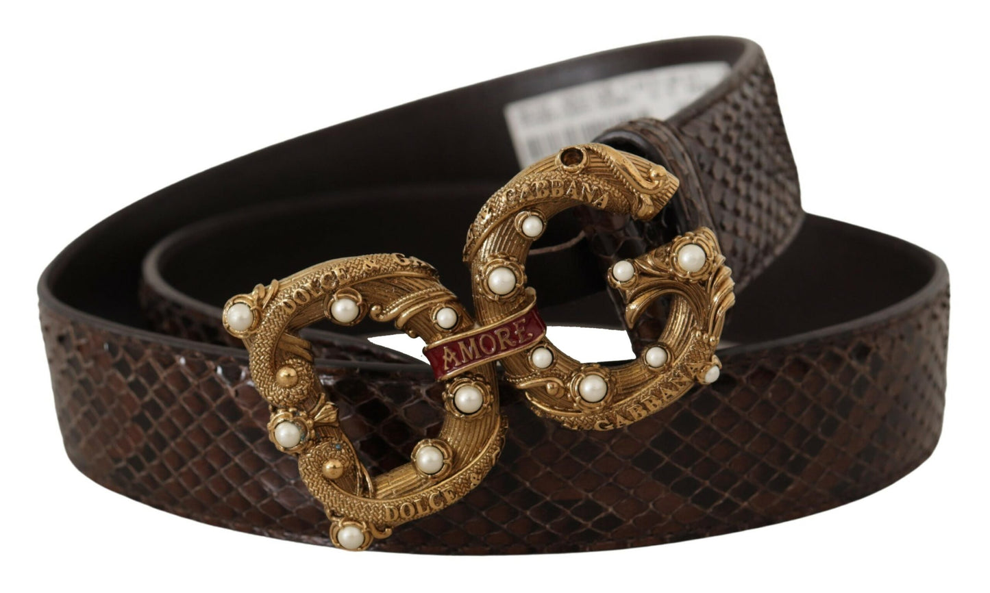 Dolce &amp; Gabbana Ceinture à boucle avec logo en cuir exotique à imprimé animal marron Amore