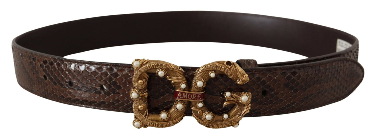 Dolce &amp; Gabbana Ceinture à boucle avec logo en cuir exotique à imprimé animal marron Amore