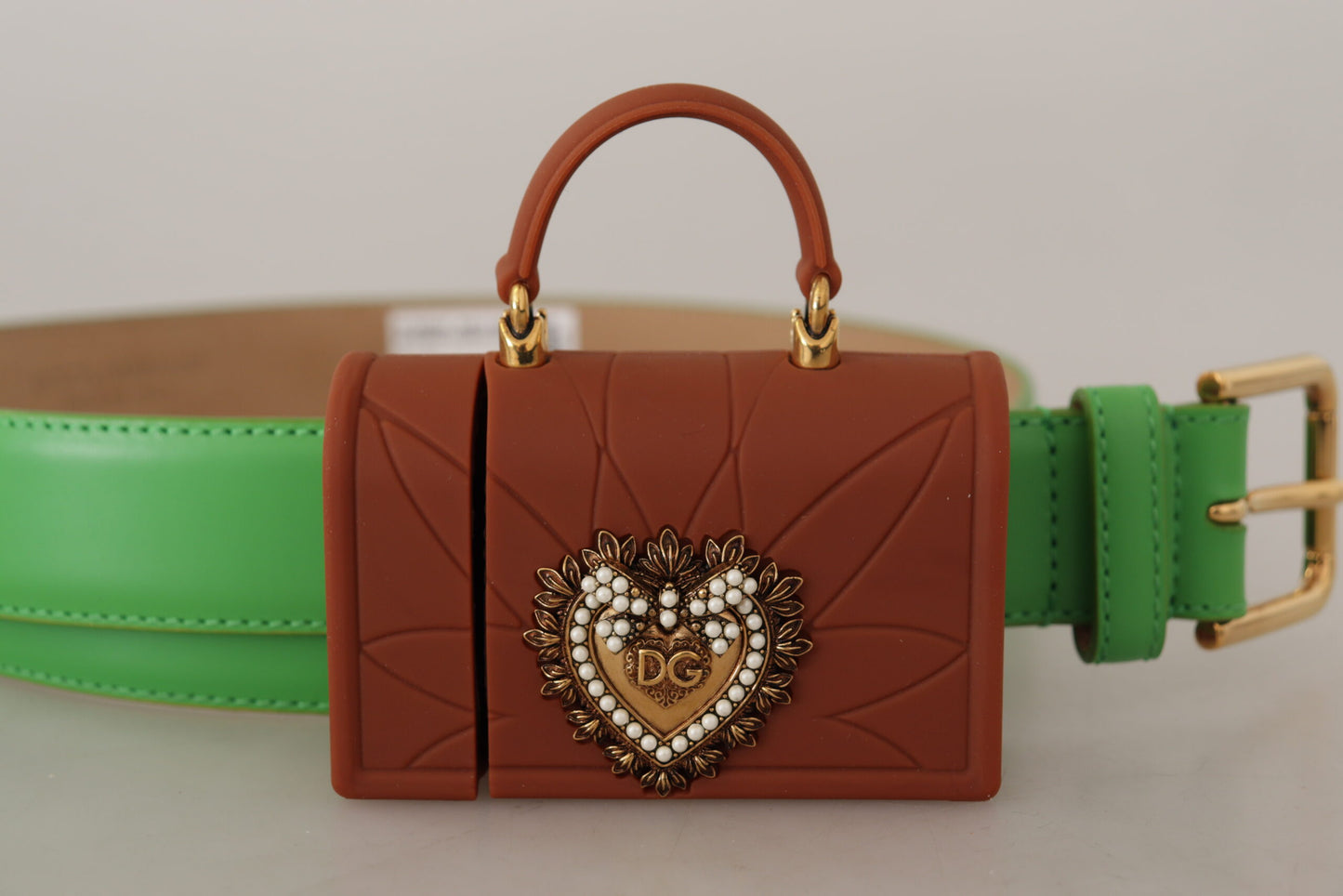 Dolce &amp; Gabbana Ceinture pour écouteurs en cuir vert Devotion Heart Micro Bag