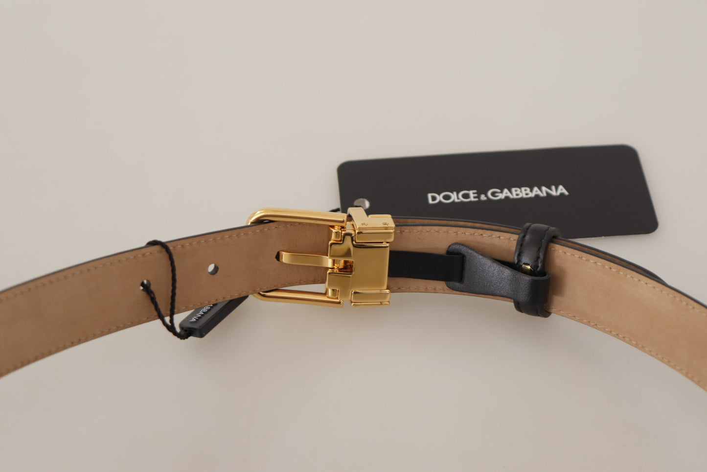 Dolce &amp; Gabbana Ceinture à boucle en cuir de veau noir avec logo en métal doré