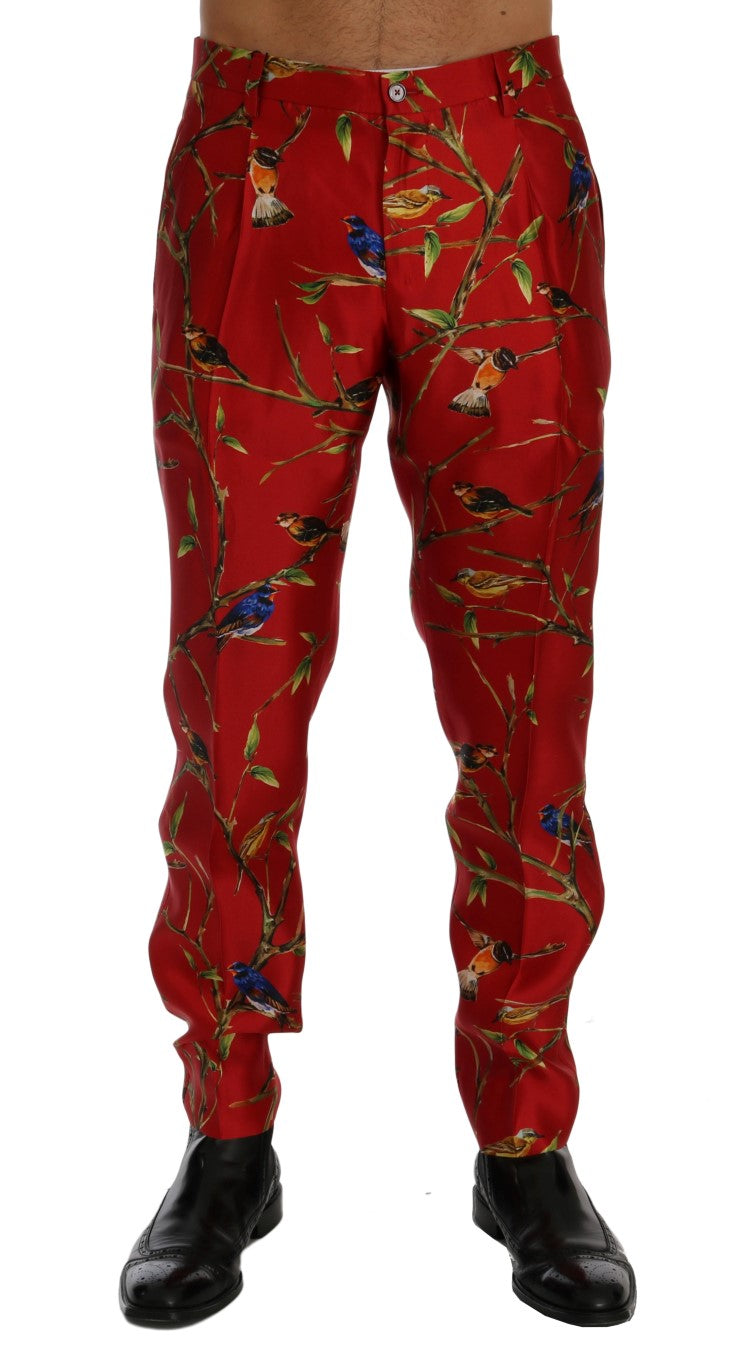 Dolce &amp; Gabbana Pantalon habillé en soie rouge à imprimé oiseau