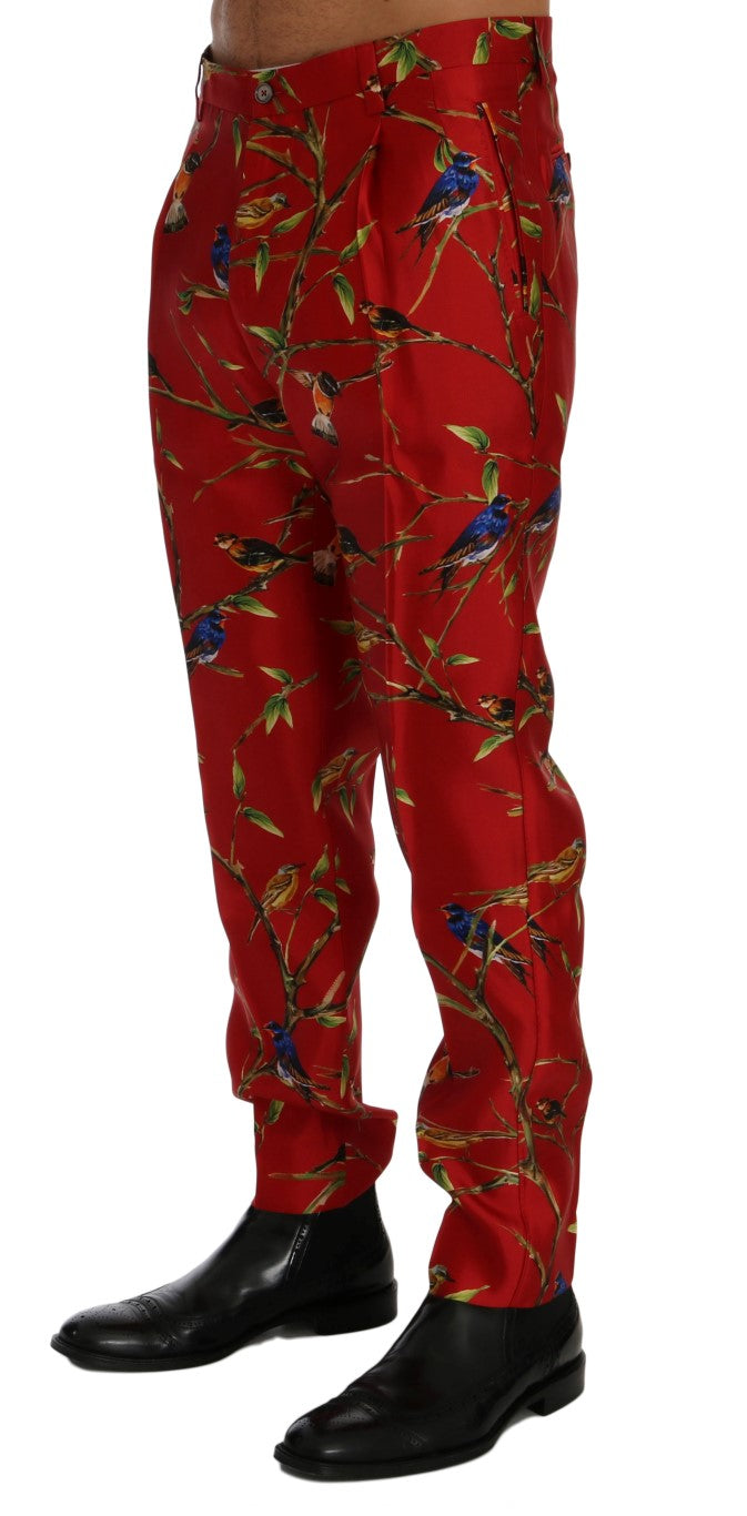 Dolce &amp; Gabbana Pantalon habillé en soie rouge à imprimé oiseau