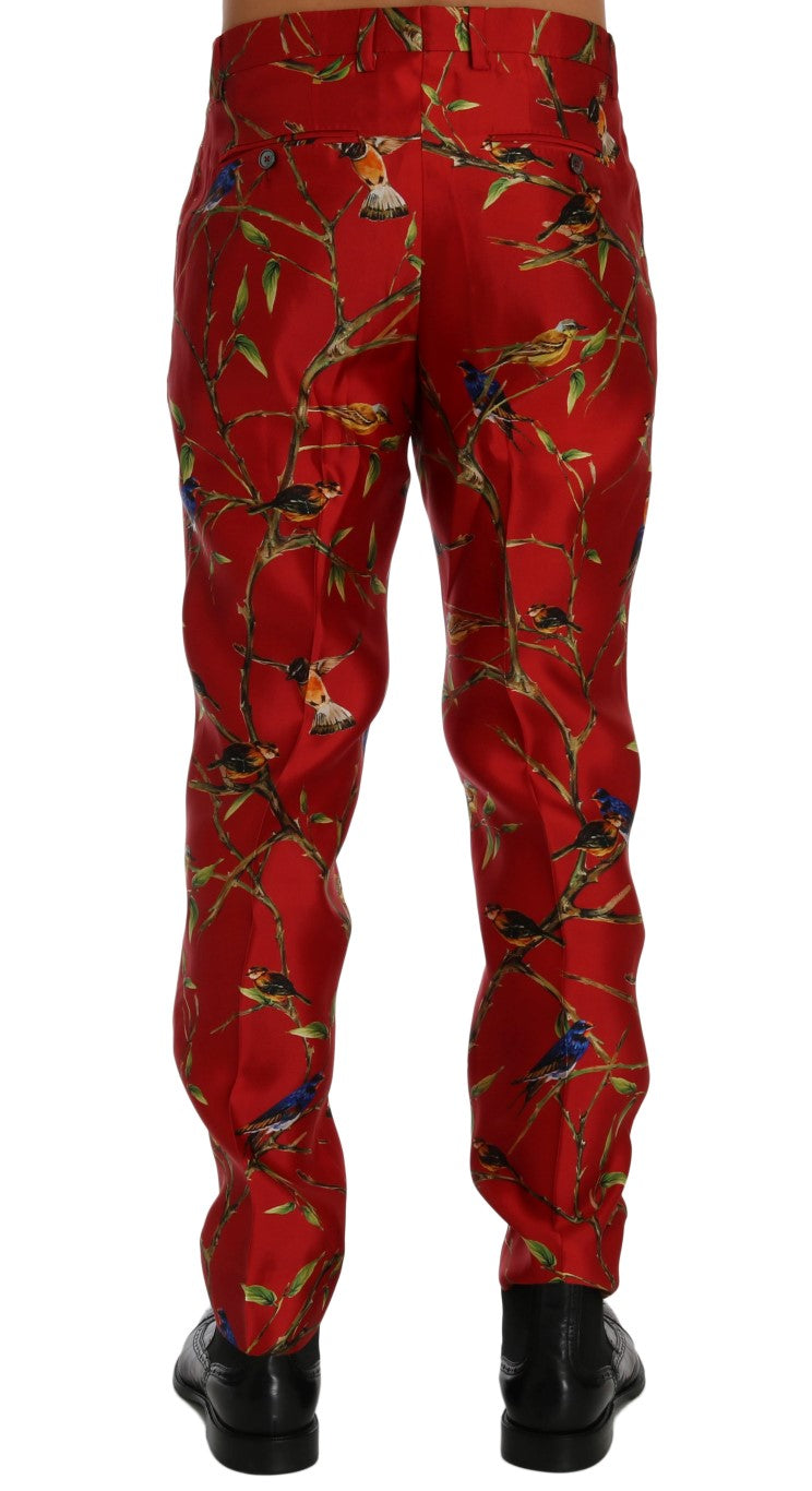 Dolce &amp; Gabbana Pantalon habillé en soie rouge à imprimé oiseau