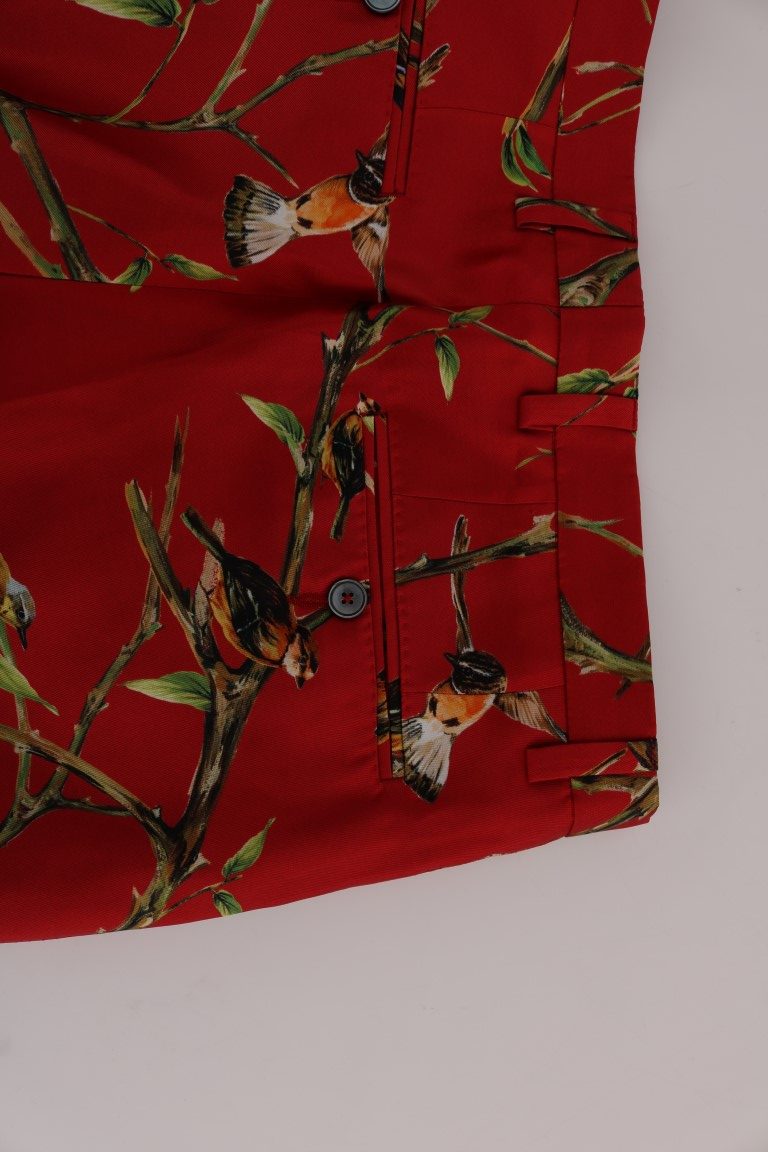 Dolce &amp; Gabbana Pantalon habillé en soie rouge à imprimé oiseau