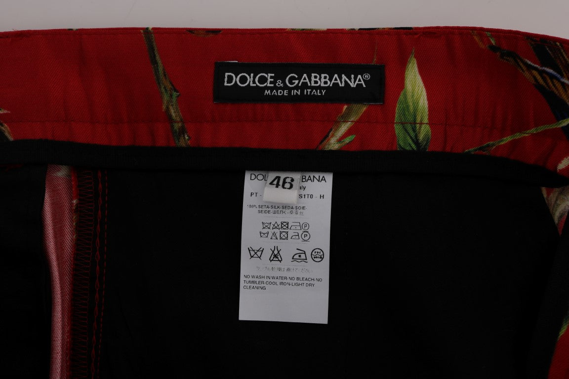 Dolce &amp; Gabbana Pantalon habillé en soie rouge à imprimé oiseau