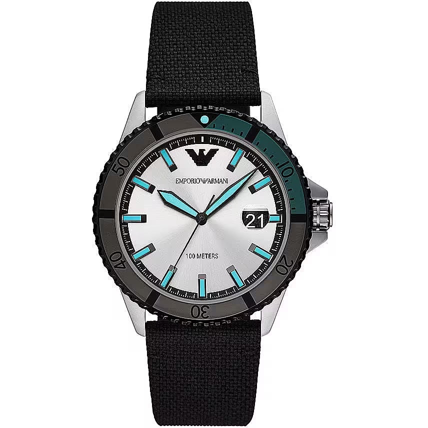 Montre à quartz en tissu argenté noir et acier Emporio Armani