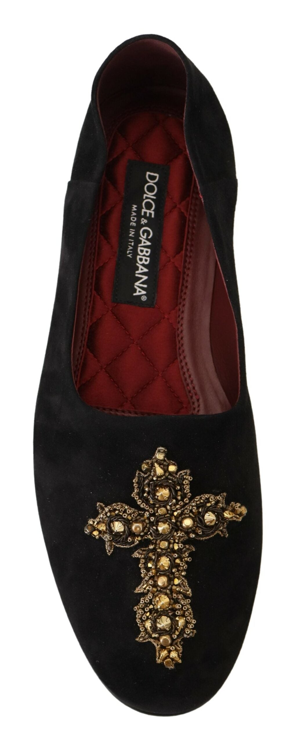 Dolce &amp; Gabbana Schwarze Wildleder-Gold-Cross-Slip-On-Loafer-Schuhe