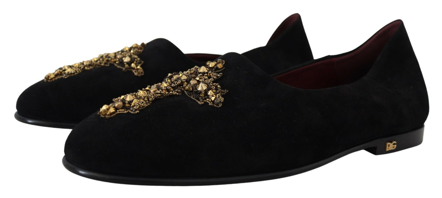 Dolce &amp; Gabbana Mocassins à enfiler en daim noir doré avec croix