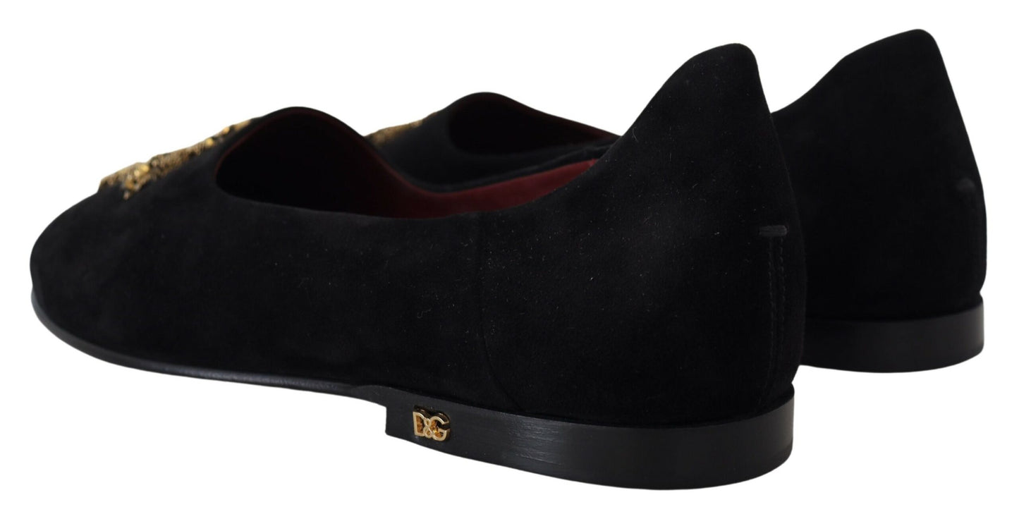 Dolce &amp; Gabbana Schwarze Wildleder-Gold-Cross-Slip-On-Loafer-Schuhe