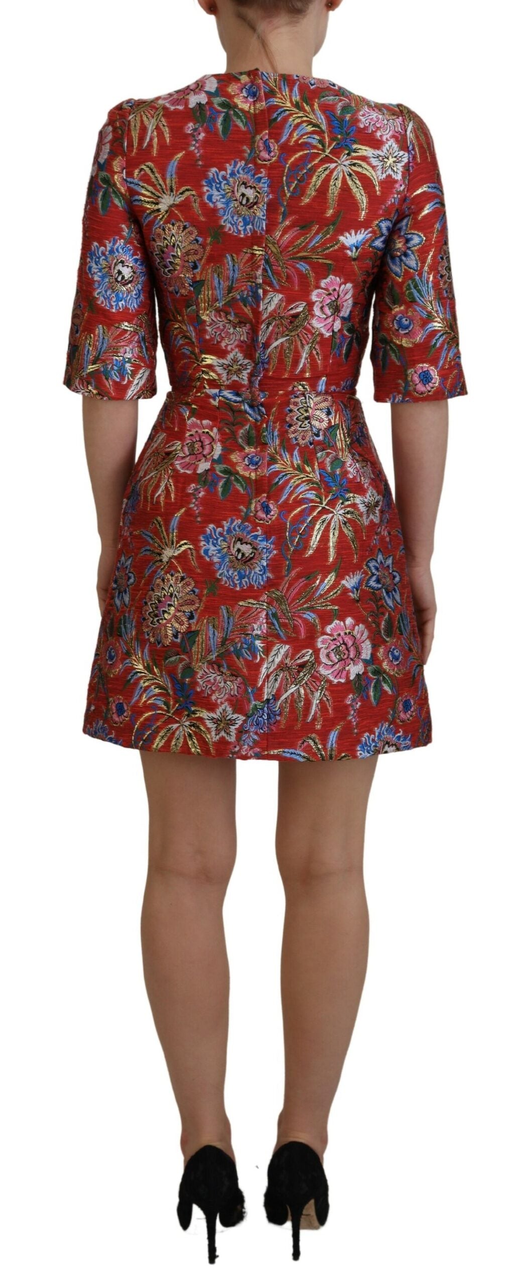 Dolce &amp; Gabbana Rotes A-Linien-Minikleid aus Jacquard mit Blumenmuster