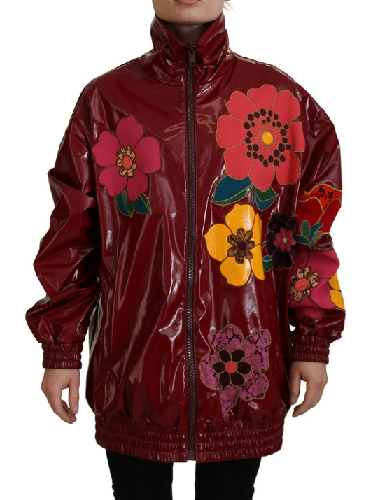 Dolce &amp; Gabbana Maroon Floral Full Zip Polyester Damenjacke