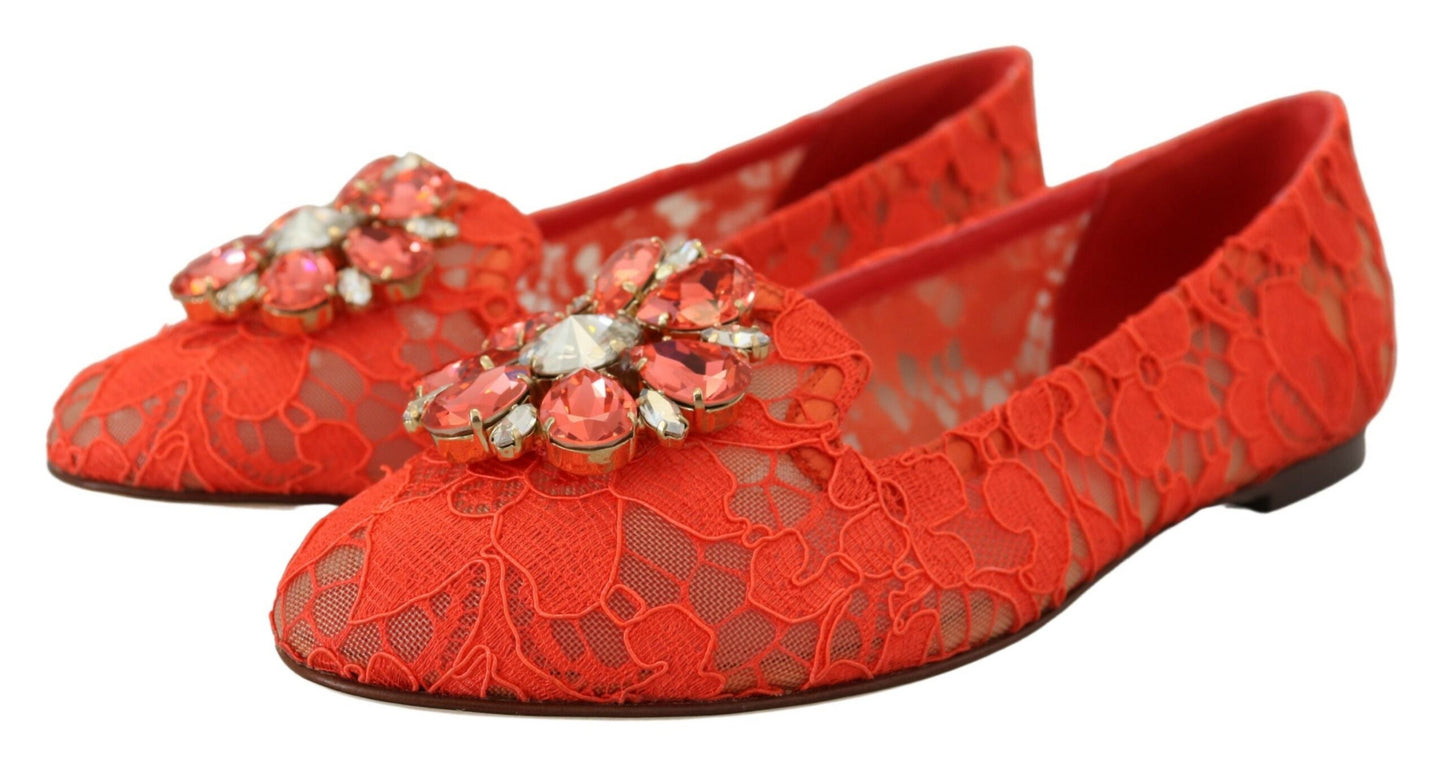 Dolce &amp; Gabbana Rouge Taormina Dentelle Cristaux Ballerines Chaussures