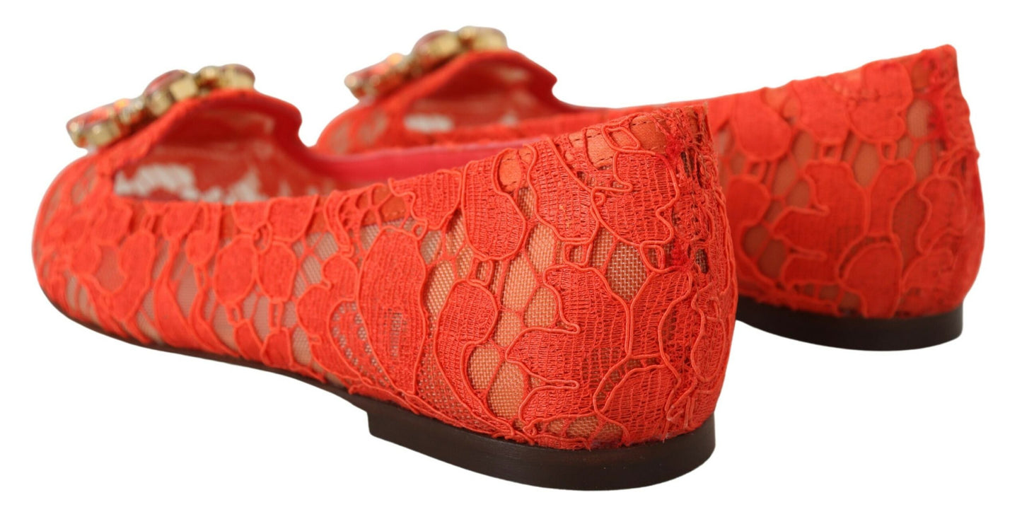 Dolce &amp; Gabbana Rouge Taormina Dentelle Cristaux Ballerines Chaussures