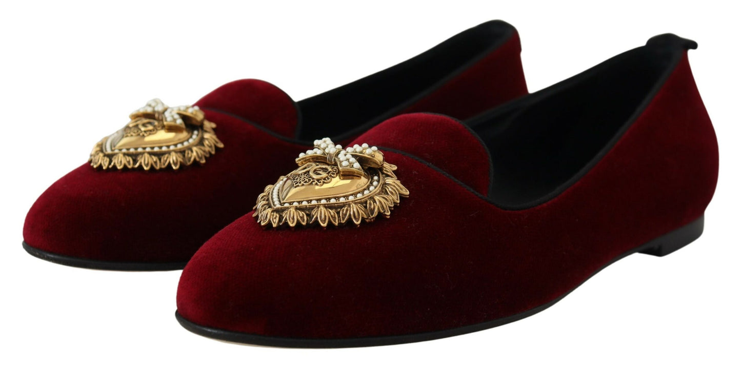 Dolce &amp; Gabbana Bordeaux Velours Slip-On Mocassins Chaussures Plates