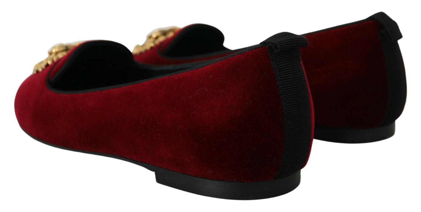 Dolce &amp; Gabbana Bordeaux Velours Slip-On Mocassins Chaussures Plates