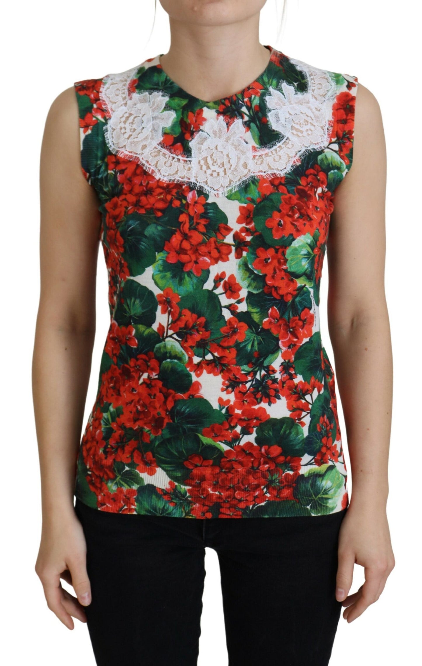 Dolce &amp; Gabbana Weißes Tanktop aus Wollspitze mit Blumenmuster