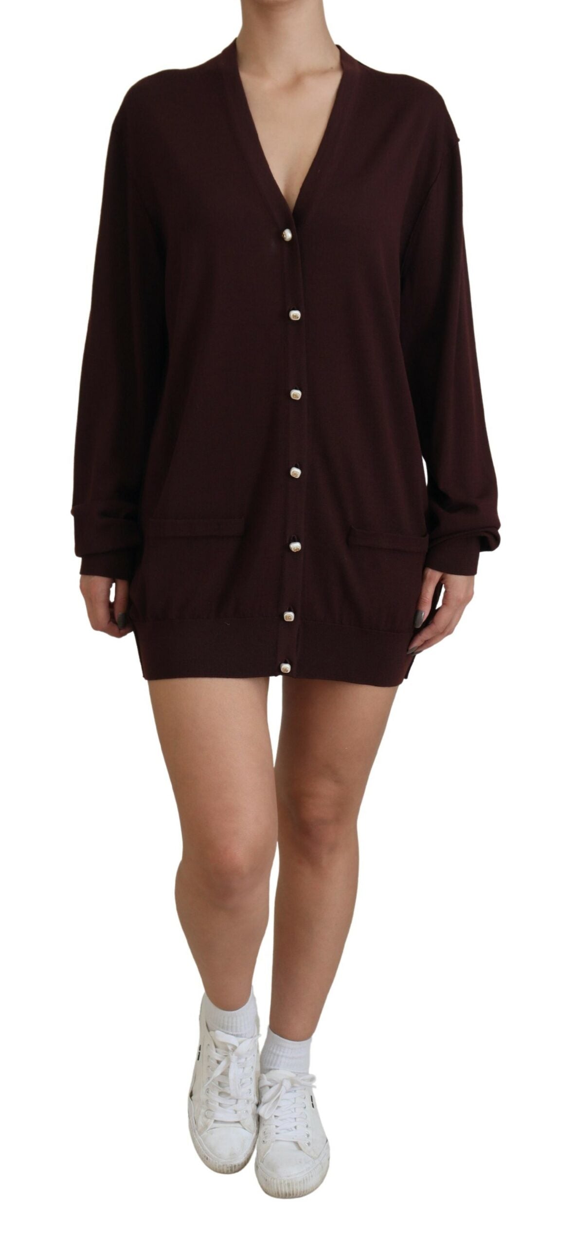 Dolce &amp; Gabbana Pull cardigan à col en V profond en tricot de laine marron