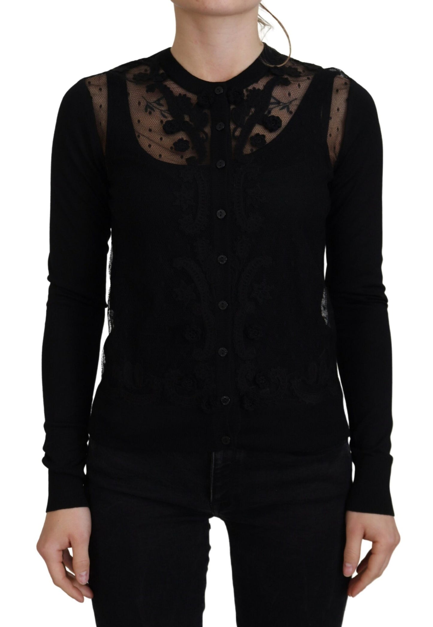 Dolce &amp; Gabbana Pull cardigan noir à boutons en dentelle florale