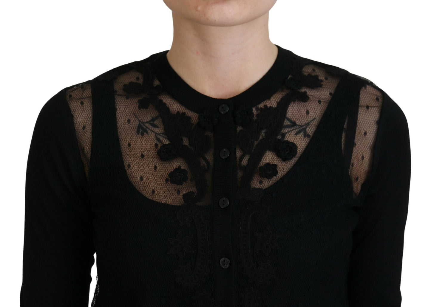 Dolce &amp; Gabbana Pull cardigan noir à boutons en dentelle florale