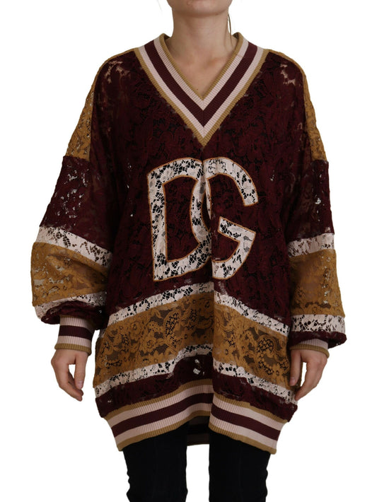 Mehrfarbiger Pullover mit V-Ausschnitt aus Spitze von Dolce &amp; Gabbana