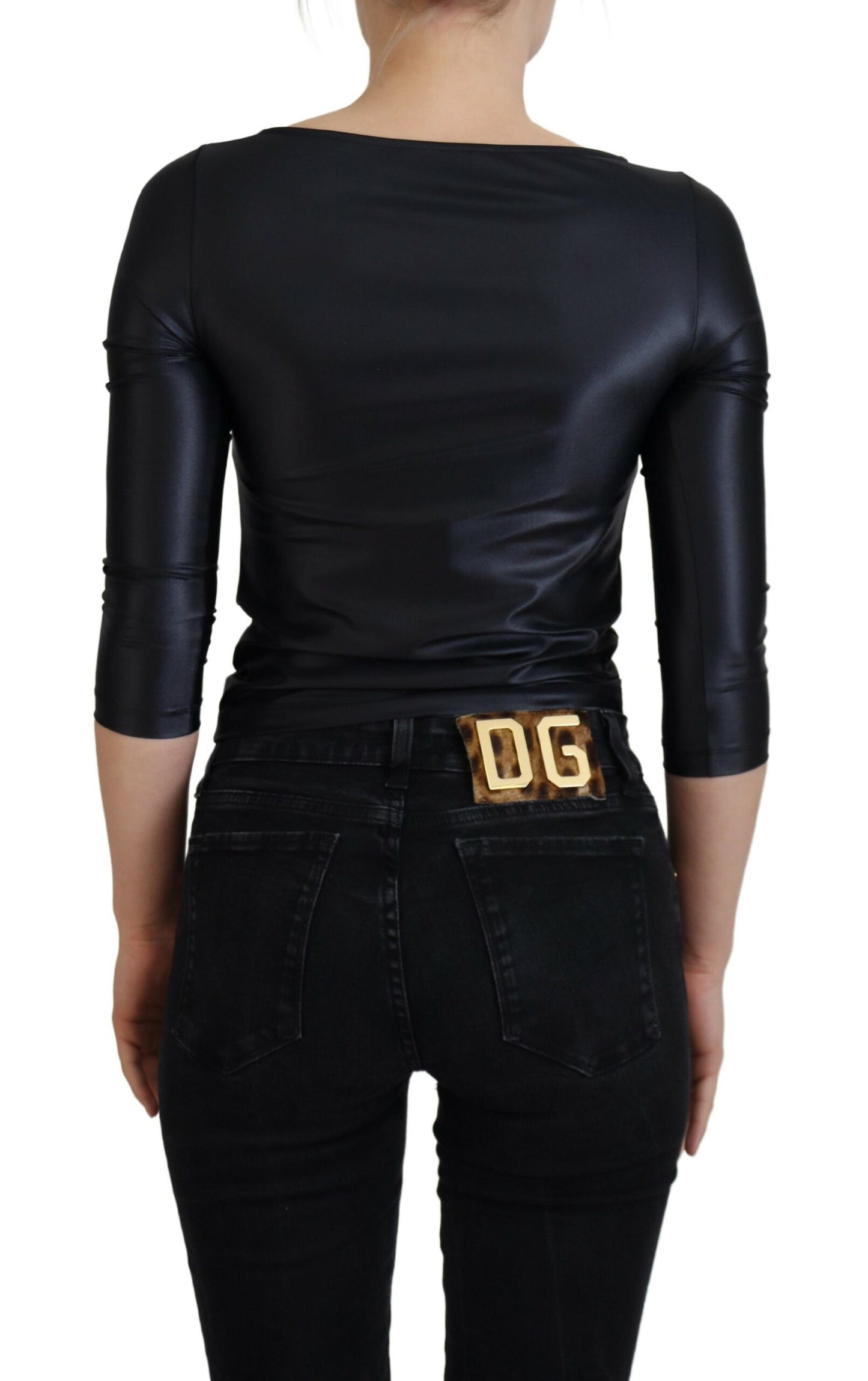 Dolce &amp; Gabbana Haut à manches 3/4 en coton stretch noir ouvert sur la poitrine