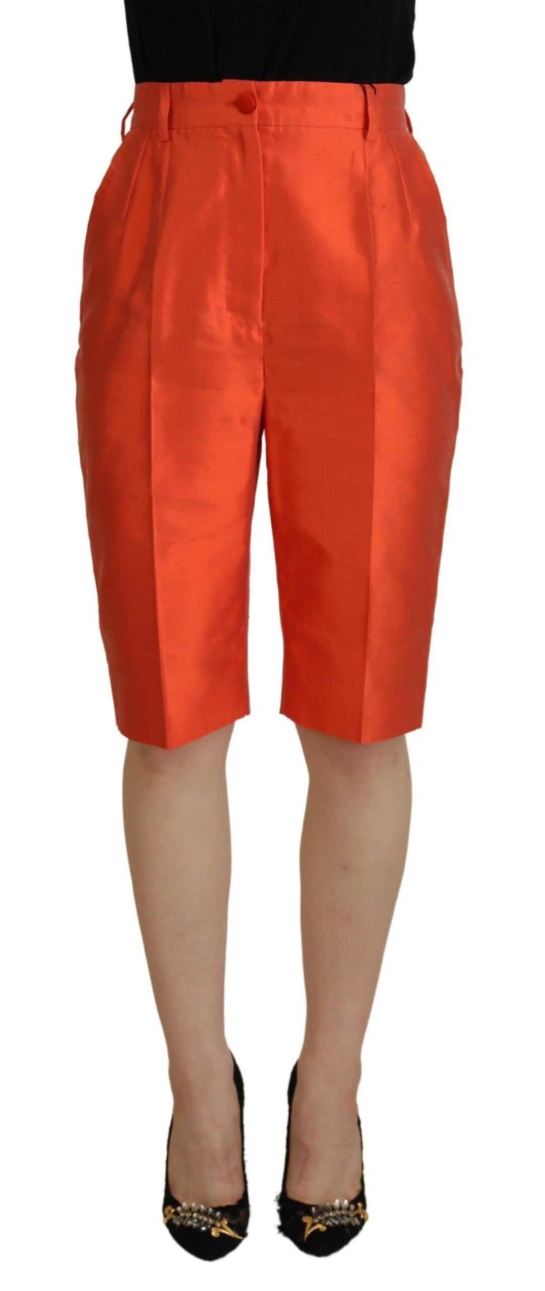 Dolce &amp; Gabbana Orangefarbene, kurze Hose aus Seide mit hoher Taille