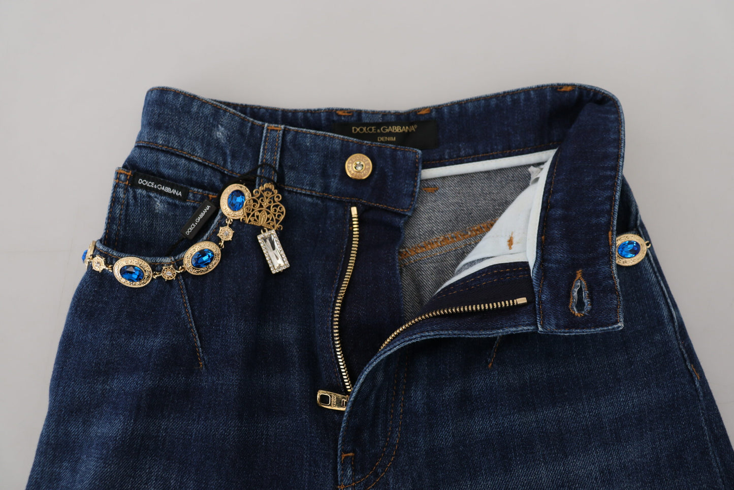 Dolce &amp; Gabbana Blaue, verzierte, gerade Denim-Baumwolljeans