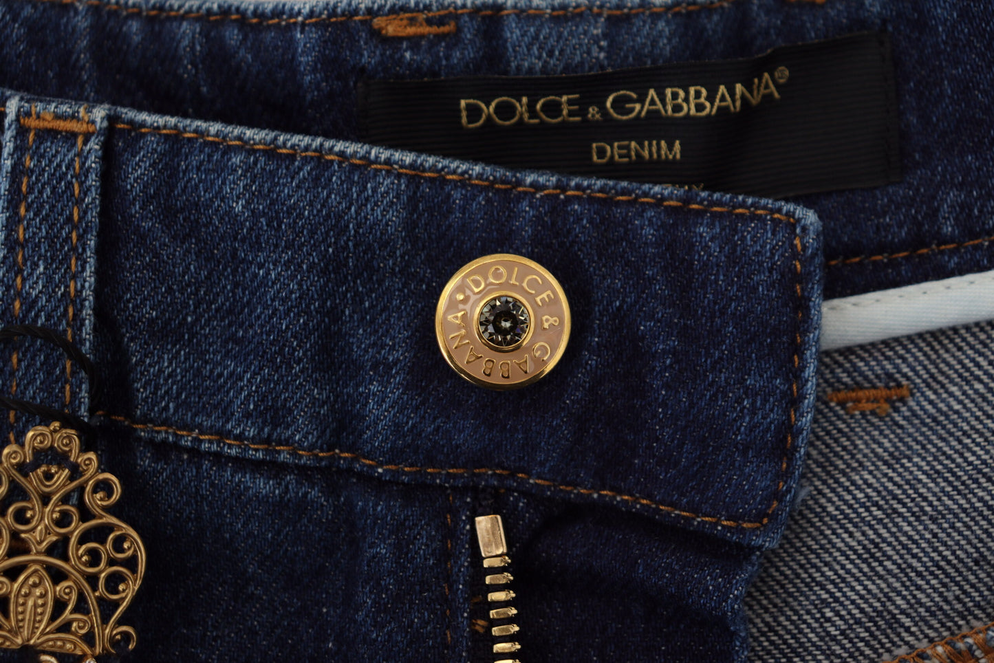 Dolce &amp; Gabbana Blaue, verzierte, gerade Denim-Baumwolljeans