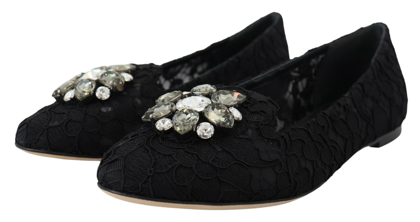 Dolce &amp; Gabbana Chaussures plates noires Taormina en dentelle et cristaux