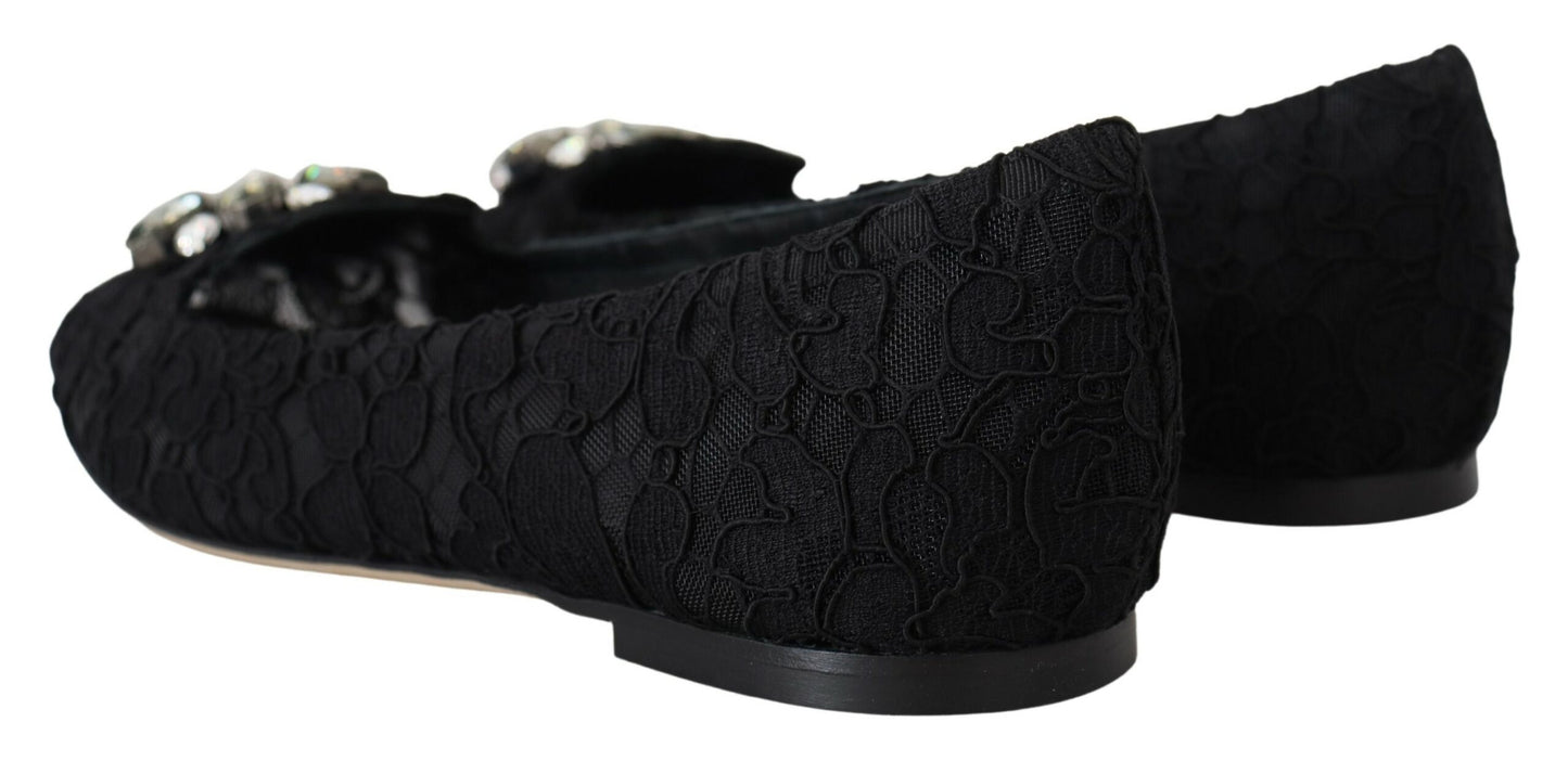 Dolce &amp; Gabbana Chaussures plates noires Taormina en dentelle et cristaux