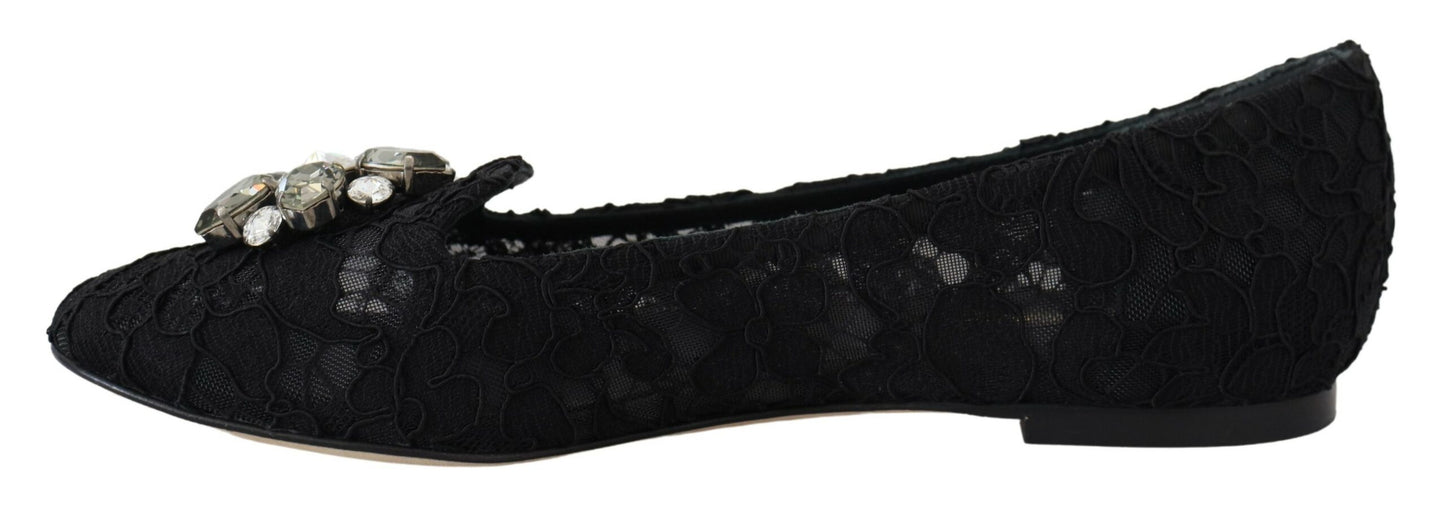 Dolce &amp; Gabbana Chaussures plates noires Taormina en dentelle et cristaux