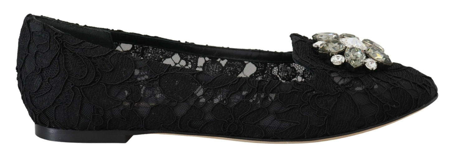 Dolce &amp; Gabbana Chaussures plates noires Taormina en dentelle et cristaux