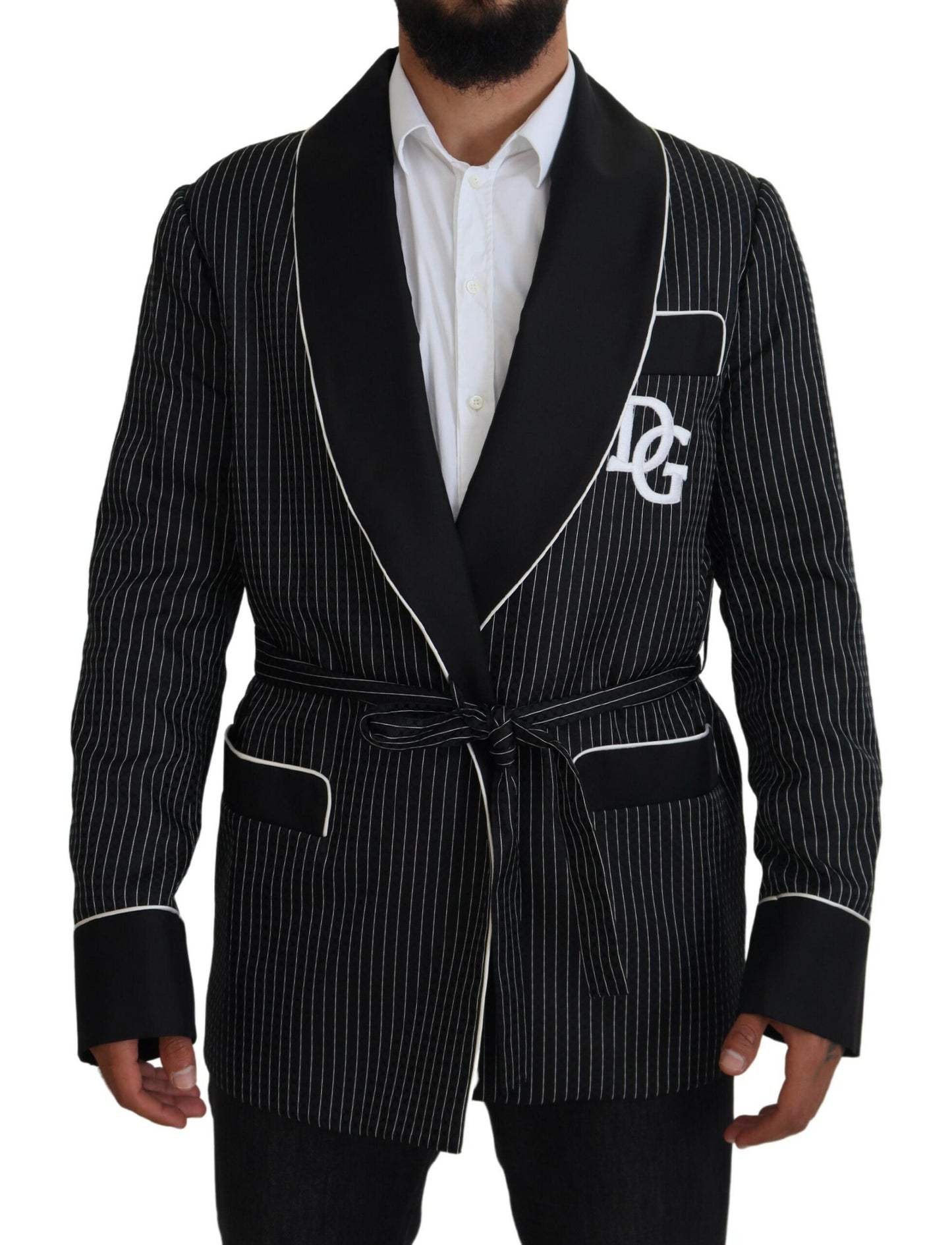 Dolce &amp; Gabbana Schwarzer Robe Gestreifter DG Patch Jacke Herren Blazer