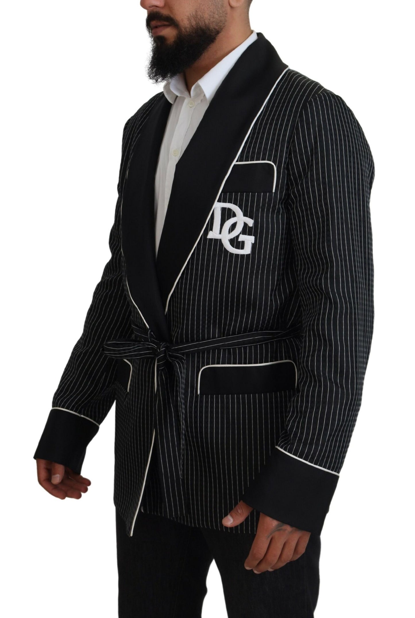 Dolce &amp; Gabbana Robe Noire Rayée DG Patch Veste Homme Blazer