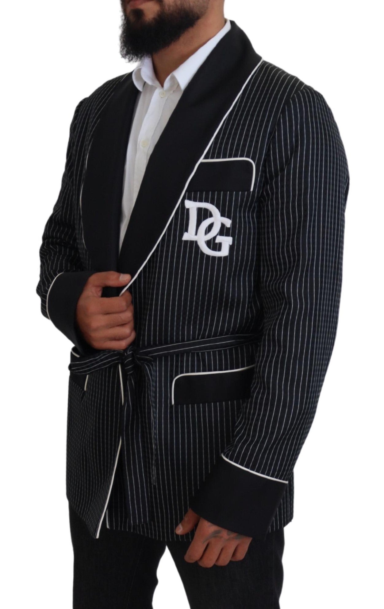 Dolce &amp; Gabbana Robe Noire Rayée DG Patch Veste Homme Blazer