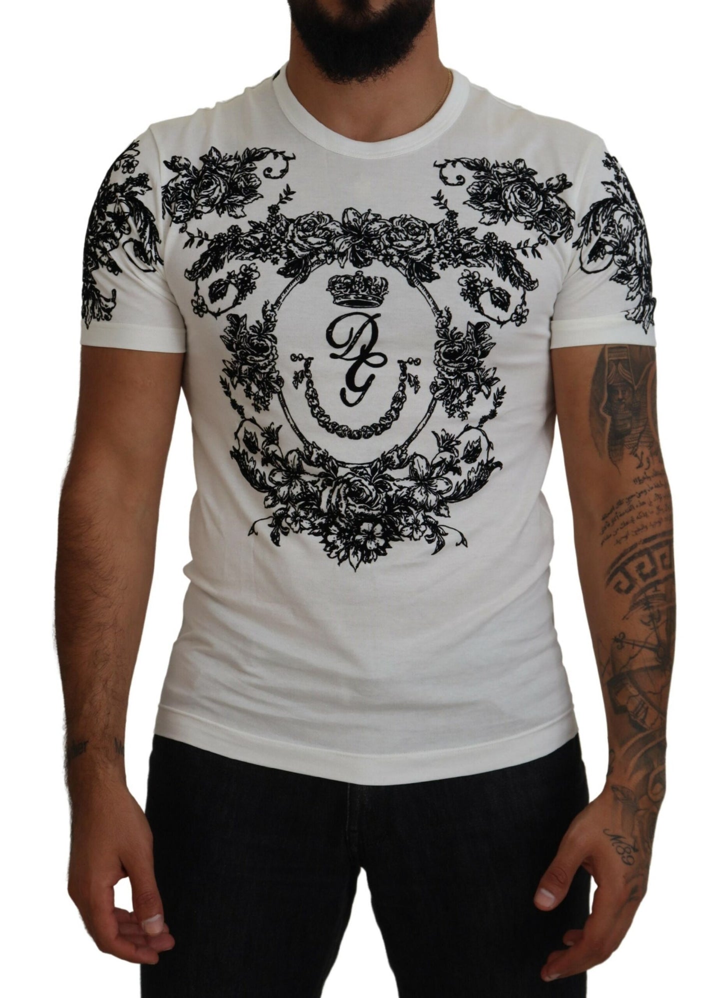 Dolce &amp; Gabbana T-shirt blanc à col ras du cou floral DG Crown pour hommes