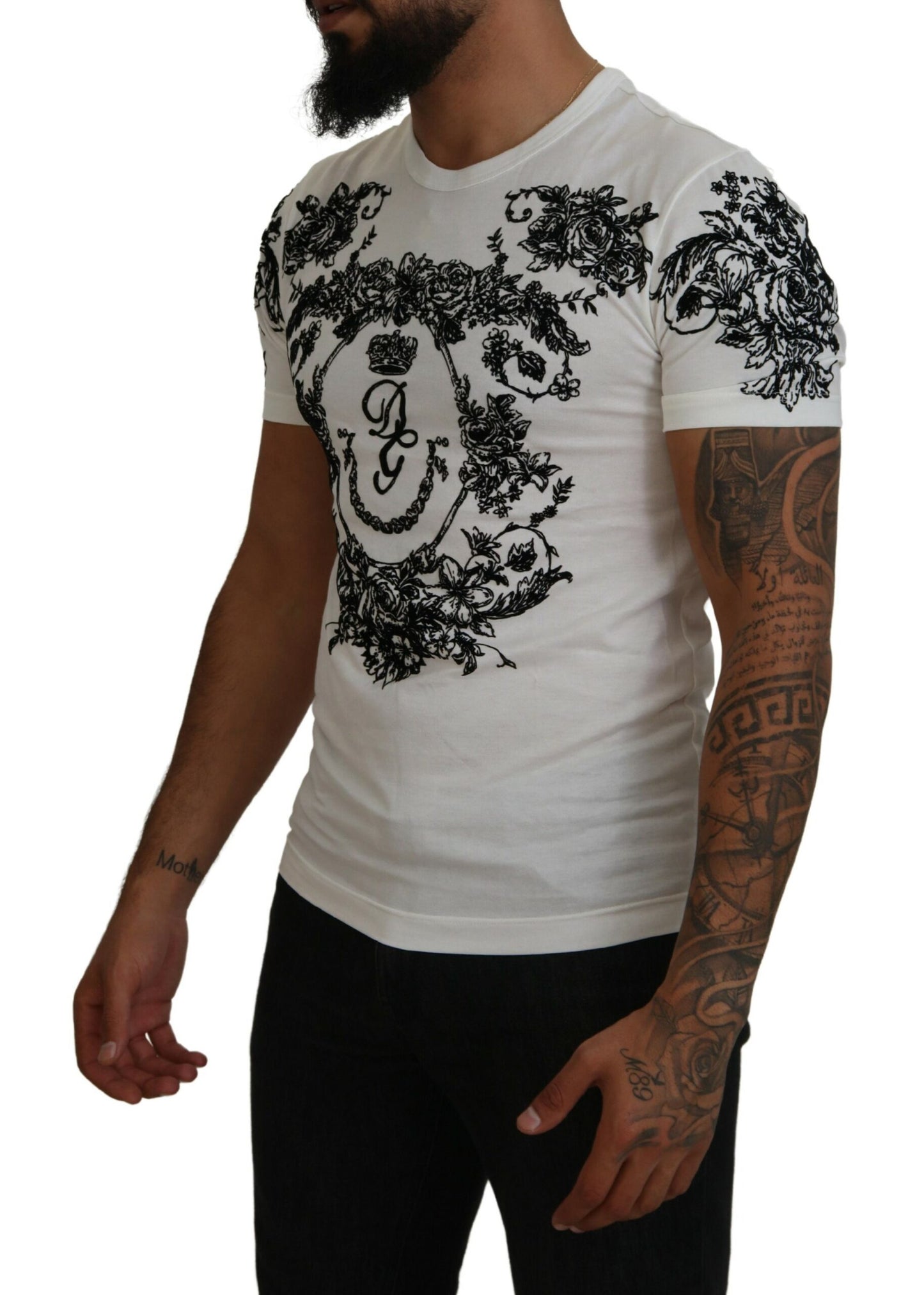 Dolce &amp; Gabbana Weißes DG Crown Floral Herren-T-Shirt mit Rundhalsausschnitt