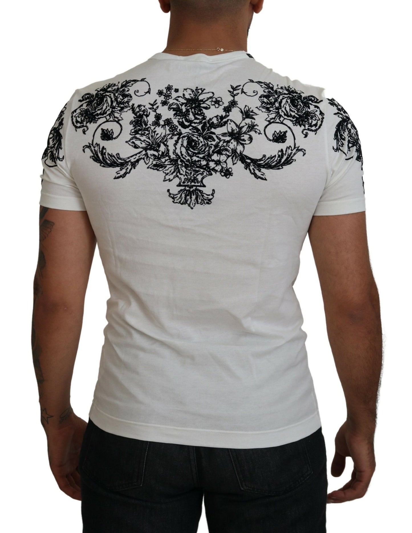 Dolce &amp; Gabbana T-shirt blanc à col ras du cou floral DG Crown pour hommes