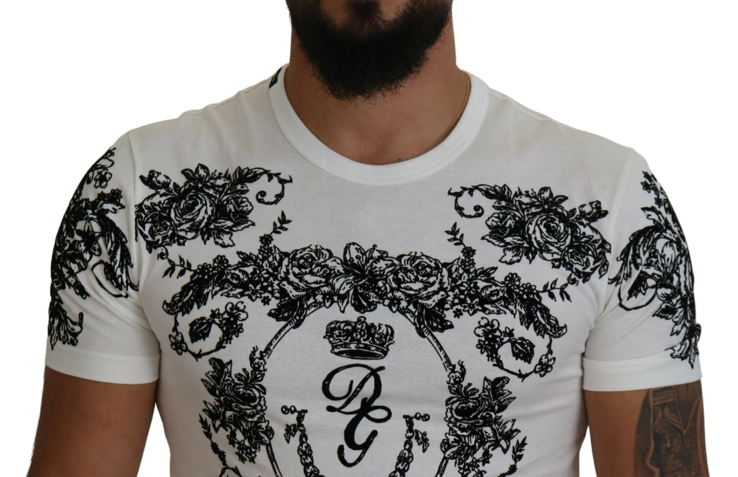 Dolce &amp; Gabbana T-shirt blanc à col ras du cou floral DG Crown pour hommes