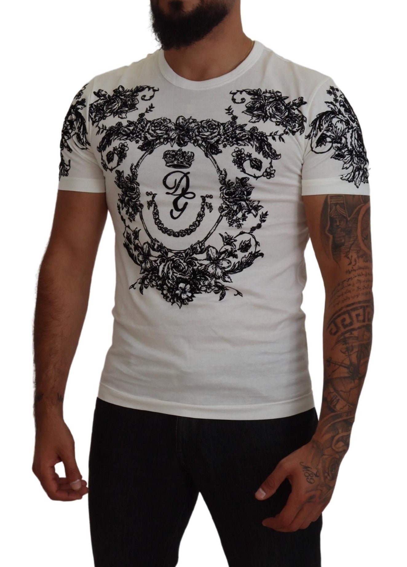 Dolce &amp; Gabbana T-shirt blanc à col ras du cou floral DG Crown pour hommes