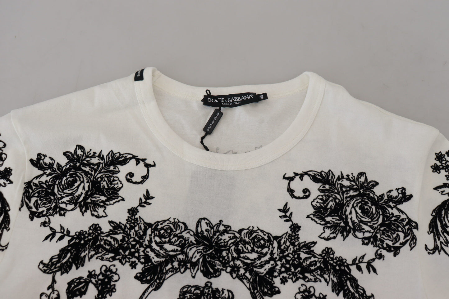 Dolce &amp; Gabbana T-shirt blanc à col ras du cou floral DG Crown pour hommes