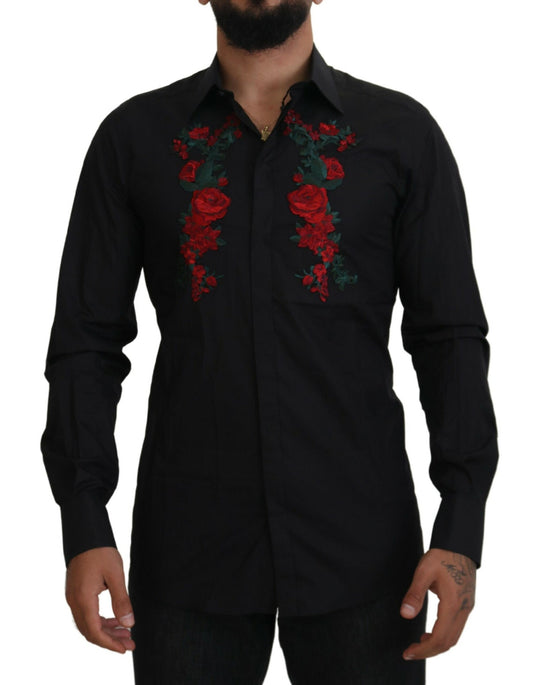 Dolce &amp; Gabbana Chemise noire à manches longues avec broderie florale pour hommes