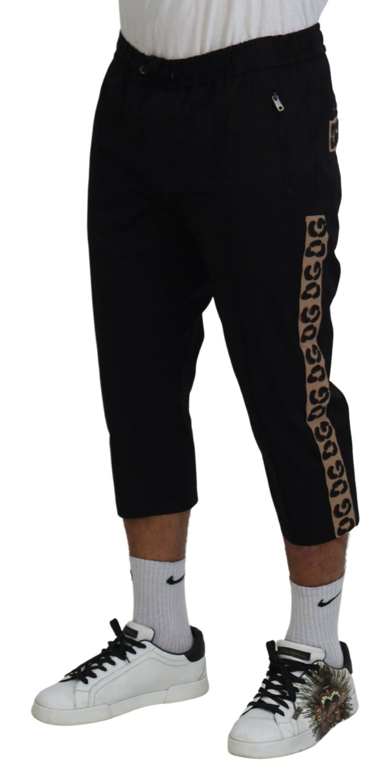 Dolce &amp; Gabbana Pantalon court en coton noir à taille élastique avec logo DG