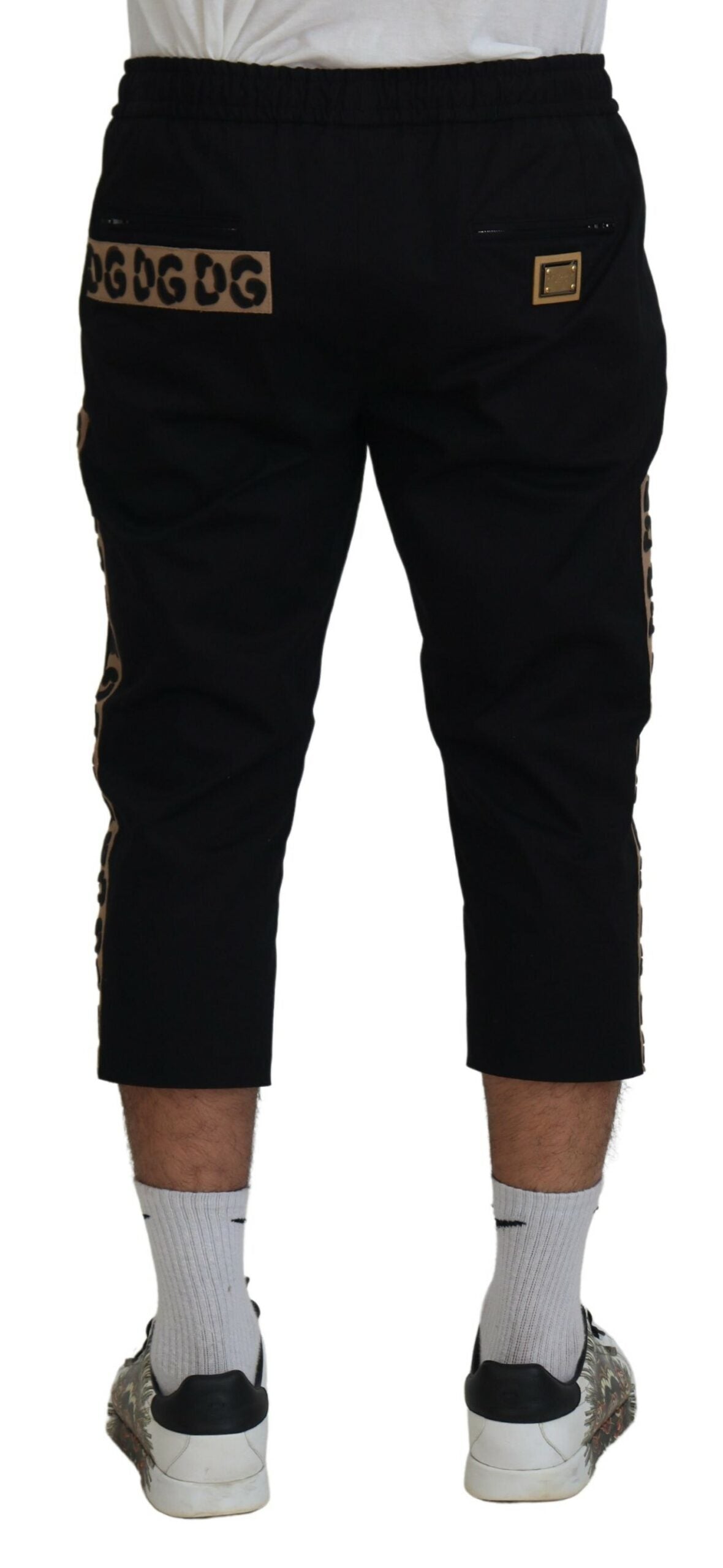 Dolce &amp; Gabbana Pantalon court en coton noir à taille élastique avec logo DG