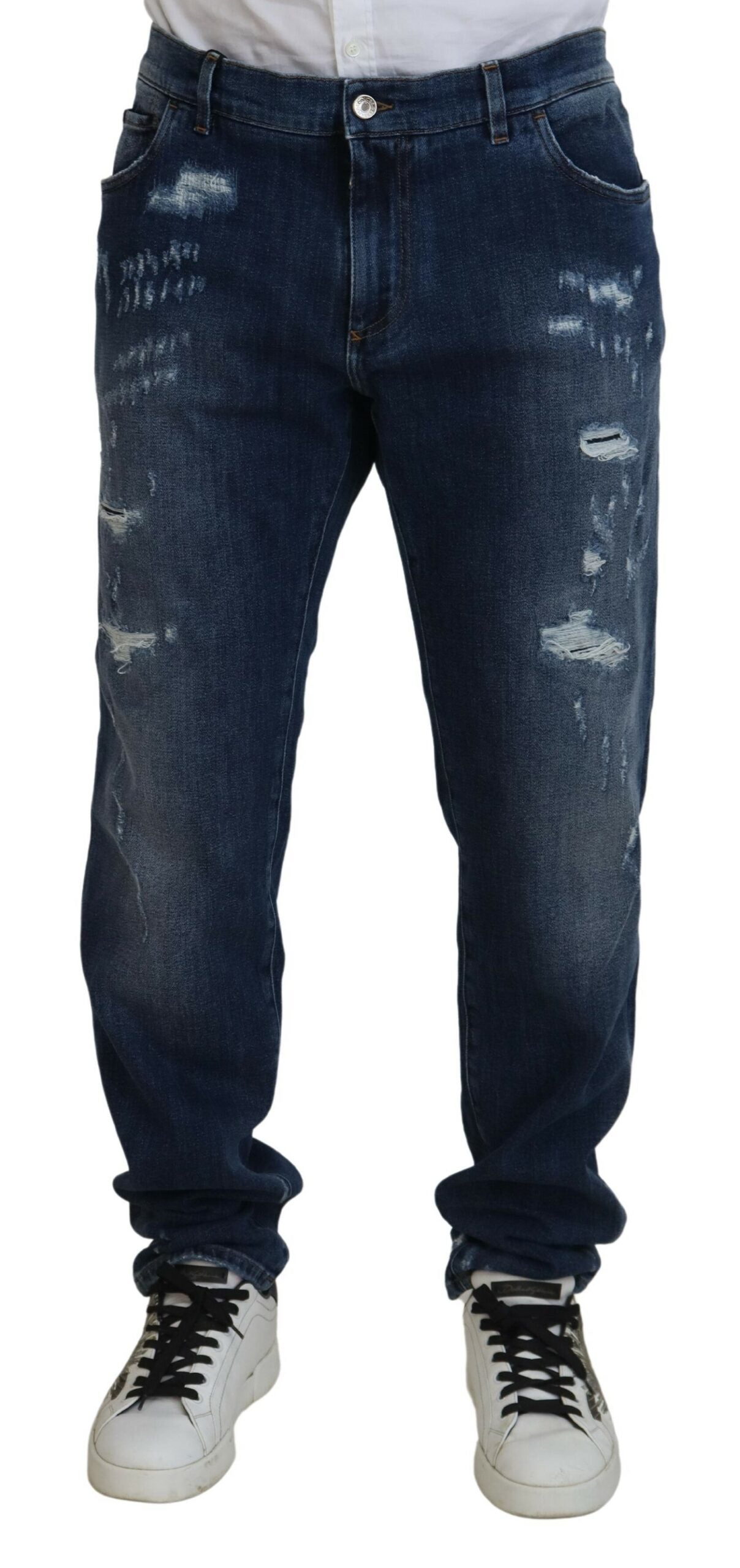 Dolce &amp; Gabbana Jean slim en denim stretch en coton bleu en lambeaux