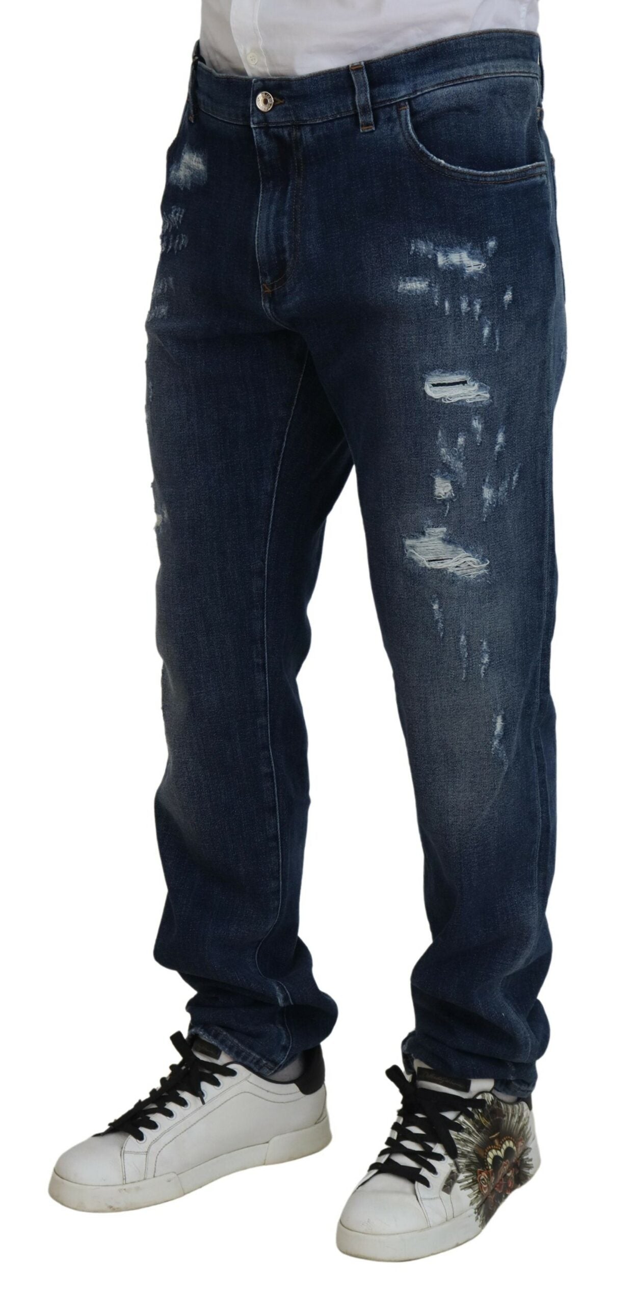 Dolce &amp; Gabbana Jean slim en denim stretch en coton bleu en lambeaux