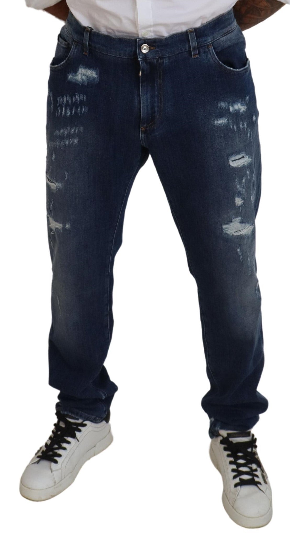 Dolce &amp; Gabbana Jean slim en denim stretch en coton bleu en lambeaux