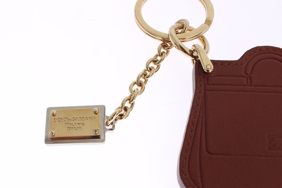 Dolce &amp; Gabbana Brauner Leder-Schlüsselanhänger „Miss SICILY Gold Finder Chain“.