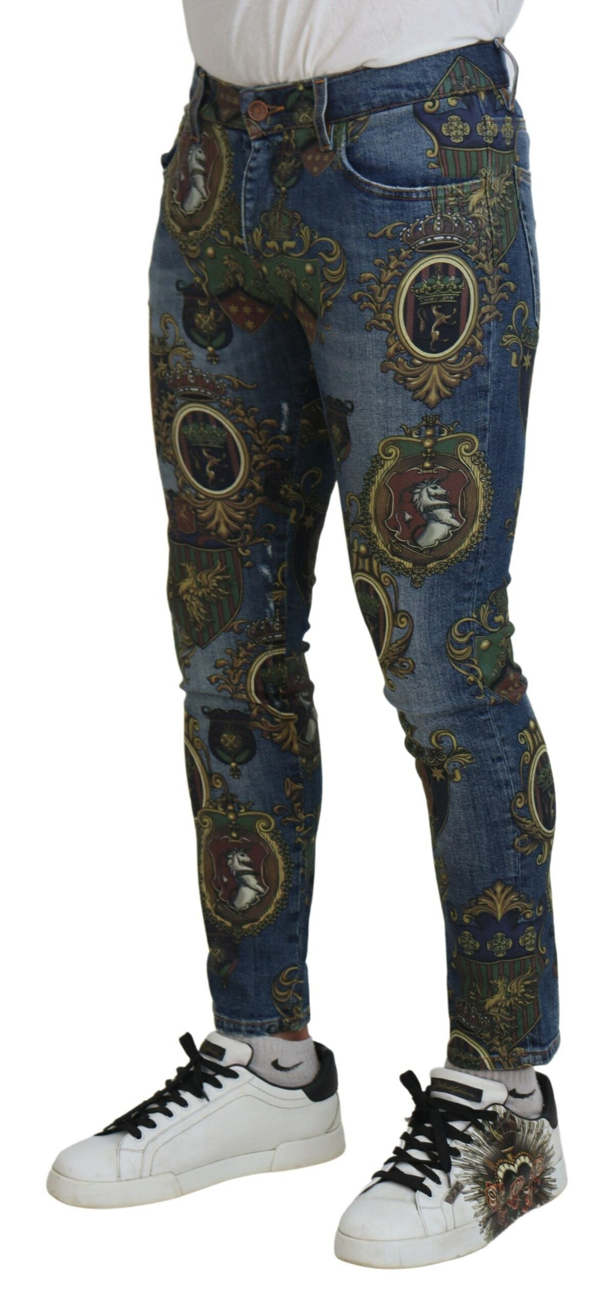 Dolce &amp; Gabbana Jean slim en coton à imprimé médaille bleu