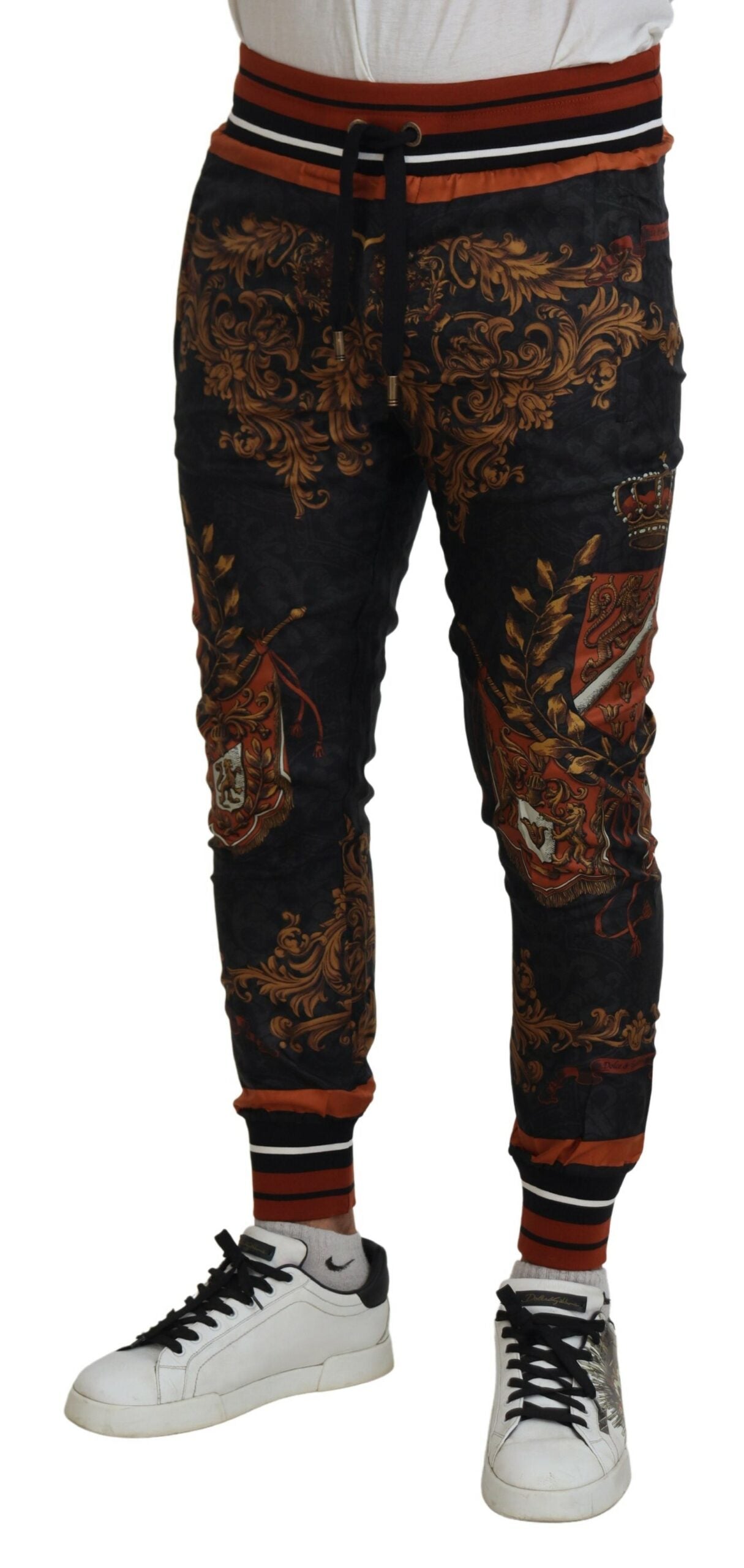 Dolce &amp; Gabbana Pantalon de sport en soie grise avec couronne baroque